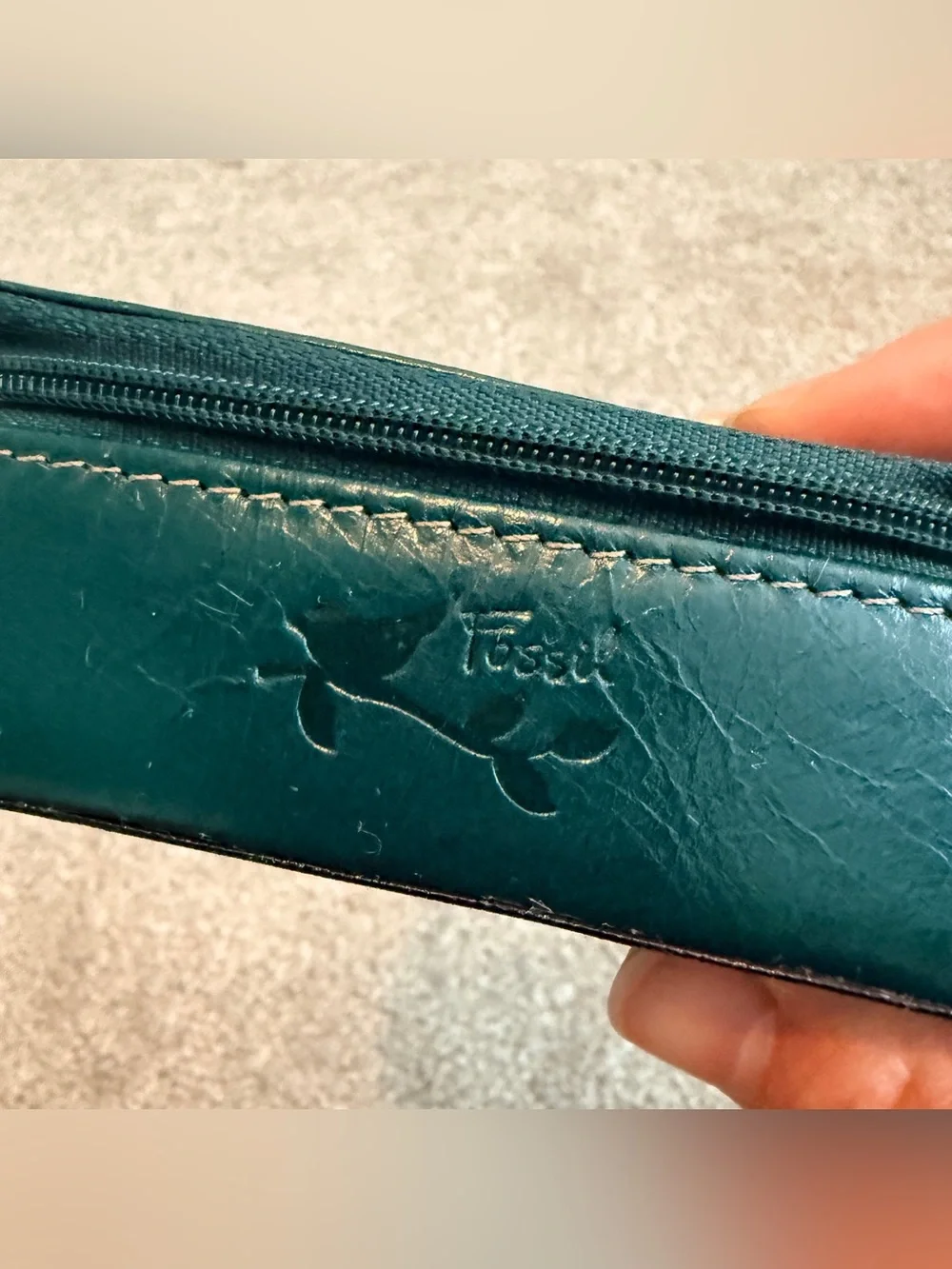 FOSSIL Teal Leather Small Jewelry Case Box Zip Around Travel Compact - Picture 2 of 9
